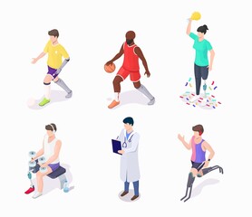 Active people with disabilities, flat vector illustration. Isometric male, female characters doing sports with runner blades, arm and leg prosthesis. Disabled athletes with artificial prosthetic limb.