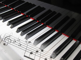 Piano keys with notes, musical background. Piano keyboard
