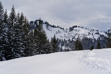 Fototapeta na wymiar verchneites Bergpanorama in Balderschwang, Oberallgäu, Bayern