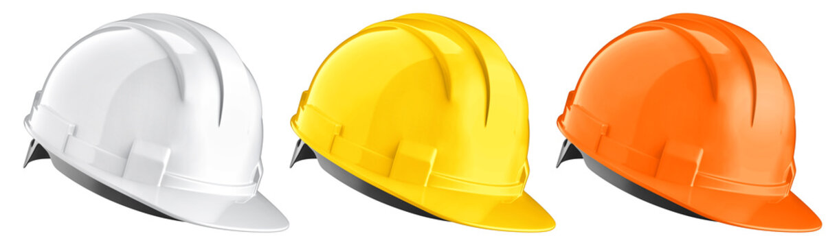 Set of white, yellow, orange construction helmets. 3d rendering of safety hard hats isolated on a white background.