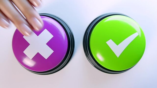 Doubtful woman choosing between tick or cross symbol buttons. Press x or check mark. Conducting survey, test. Voting for or against smth. Giving wrong or right answer, review, feedback. Hard decision.
