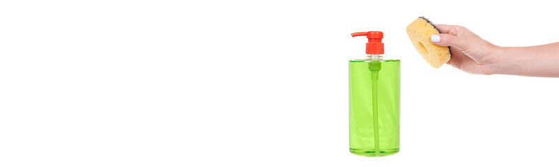 Hand with bottle with liquid soap for dish washing, isolated on white background.