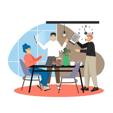 Coffee shop. Happy men and woman drinking coffee, talking to each other, flat vector illustration. Business team meeting