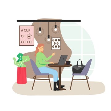 Coffee shop. Happy woman drinking coffee and working on laptop computer while sitting at table, flat vector illustration