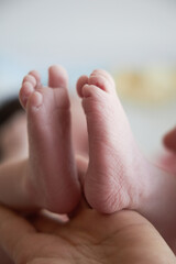 Small feet of a newborn close up. The first days of a baby's life.