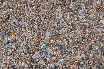 Pebbles on beach, close up background texture.