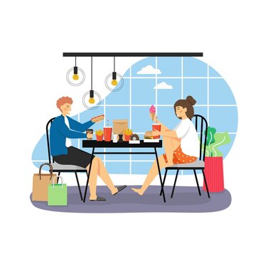 Happy couple eating fast food sitting at table at home, flat vector illustration. Fast food delivery online service.