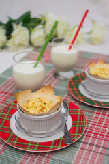 Filo pastry with apples. Dessert with apples and milkshake.