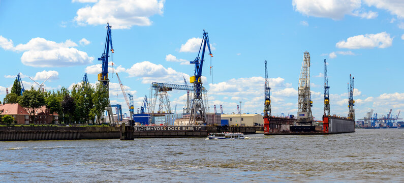 floating dock from Blohm  and Voss with pontoon crane on the river Elbe at Hamburg, Germany