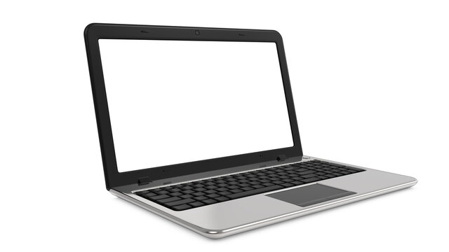 Laptop with white blank screen with aluminium body in mockup style. 3d rendering of Notebook computer isolated on a white background