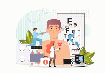 Doctors, tiny male and female characters examining patient eyesight, heart and ear health, flat vector illustration.