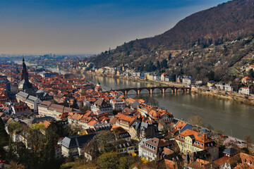 Blick auf den Neckar bei Heidelberg mit einer Brücke über den Fluss im Zentrum des Bildes