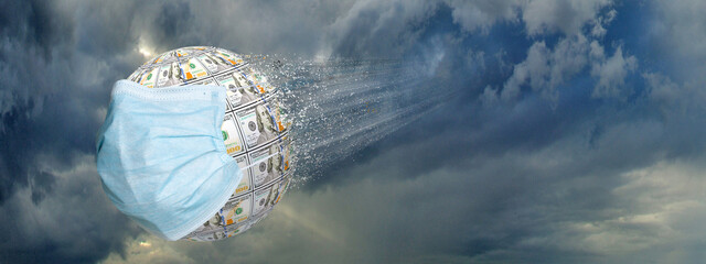 stylized ball of dollar bills as a symbol of the crisis of the financial system from the covid-19 pandemic. 3d-image