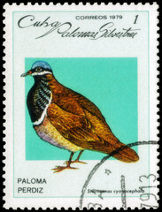Postage stamp issued in the Cuba the image of the Blue-headed Quail-dove, Starnoenas cyanocephala. From the series on Doves and Pigeons, circa 1979