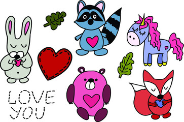 set of funny cartoon animals, forest baby animals and love you sign and heart
