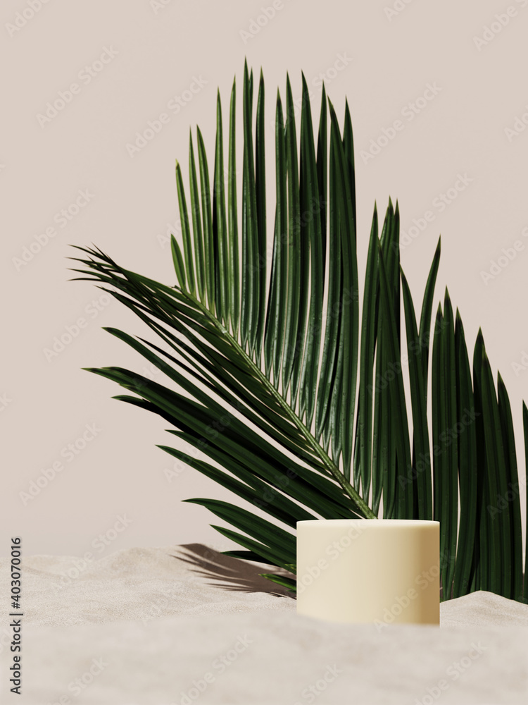 Aufkleber minimal mockup background for product presentation. podium and green palm leaf with white sand beach