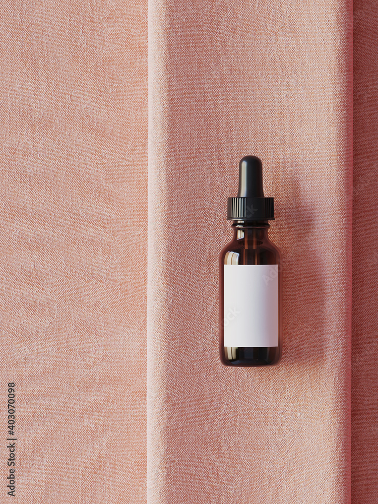 Aufkleber minimal abstract background for product presentation. cosmetic serum bottle on coral fabric backgrou
