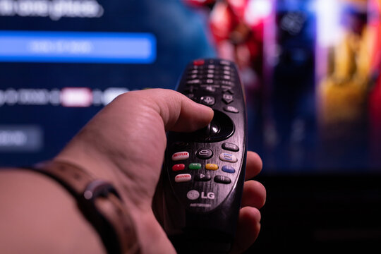 Gr&uuml;nstadt, RNW / Germany - 01 04 2021: Close up of LG Remoter focus on Netflix and Prime Video Button