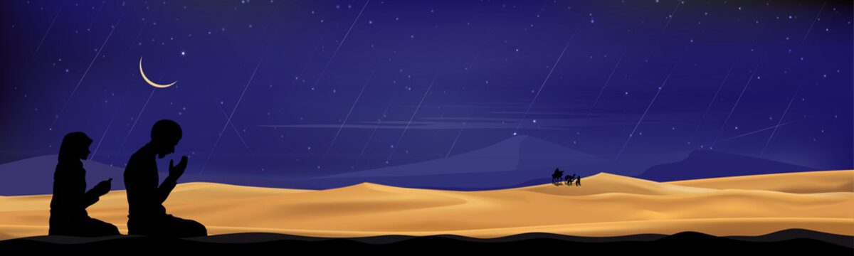 Silhouette Muslim Man And Woman Making A Supplication (salah)sitting On Desert Sand,Arab Family And Camel Walking,Islamic Mosque At Night With Crescent Moon And Star, Ramadan Kareem Background