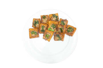 Fried Bread with Minced Pork Spread Isolated on White Background. Clipping path.