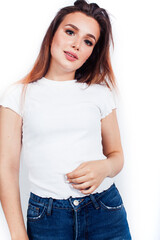 Fototapeta premium young blond woman on white backgroung gesture thumbs up, isolated emotional posing