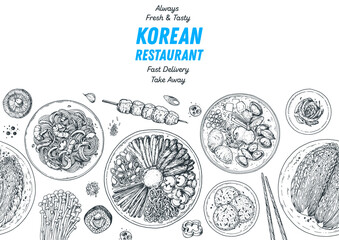 Korean food top view illustration. Hand drawn sketch. Bibimbap, kimchi, ramen, noodles, skewers. Korean street food, take away menu design. Vector illustration.