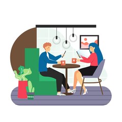 Couple sitting at table with cups of coffee and mobile phones in hands, flat vector illustration. Smartphone addiction.