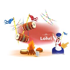 Vector illustration of Happy Lohri celebration concept banner, people dancing and celebrating with drum, Punjabi festival.