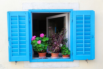 window with blue shutters and flower pots