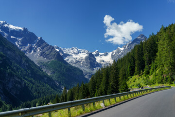 Mountain landscape along the road to Stelvio pass at summer