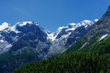 Mountain landscape along the road to Stelvio pass at summer