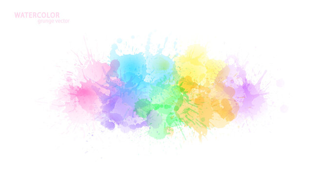 Watercolor effect vector stains. Grunge splatter. Paint stains. Ink spots. Colorful splatter. Watercolor drops. Grunge colorful paint overlay.