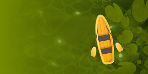 A yellow boat floats through a swamp with water lily leaves, top view. Background for a summer poster with a place for text. Vector.