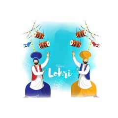 Vector illustration of Happy Lohri celebration concept banner, people dancing and celebrating with drum, Punjabi festival.