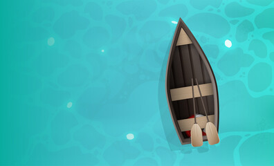 Wooden boat with oars. Turquoise water surface in the ocean. View from above. Background for a summer poster with a place for text. Vector.