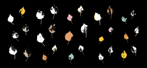 Grunge leaves set. Abstract foliage. Autumn leaves pastel colors collection. Apricot tree leaf. Apricot foliage.