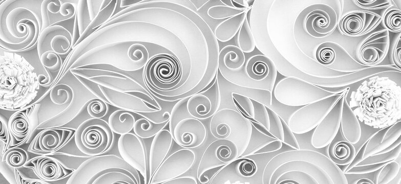 Luxury white background with floral elements for banner, advertising or desktop. 3d quilling curls white monochrome background in the style of paper cut art. White paper quilling background.