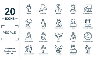 people linear icon set. includes thin line snuggle, burden, delivery woman, sexual harassment, shepherd, spanish woman, walking downstairs icons for report, presentation, diagram, web design