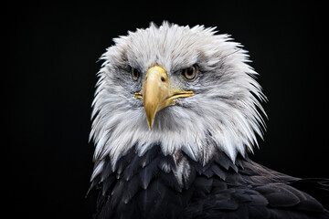 Weißkopfseeadler mit grimmigem Blick, portrait vor schwarzem hintergrund, Haliaeetus leucocephalus