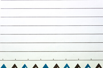 Rumpled lined sheet of paper isolated on white background. Lined textbook page texture with margin line. Empty and clean school notebook.