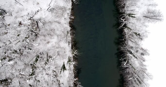 Aerial view of Kupa (Kolpa) River in snow, the border of Croatia and Slovenia