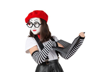 teenage girls in the image of mimes with makeup on their faces, isolate on a white background