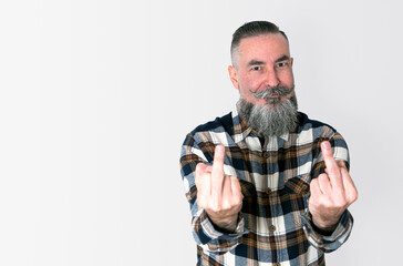 bearded man, retro style plaid shirt, standing on white background, raises the middle fingers of...