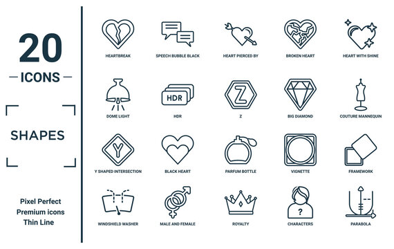 shapes linear icon set. includes thin line heartbreak, dome light, y shaped intersection, windshield washer, parabola, z, framework icons for report, presentation, diagram, web design