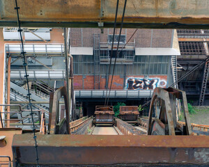 Naklejka premium Abandoned blast furnace in Dortmund, Germany. Closeup of the elevator.