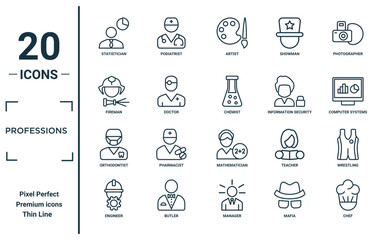 professions linear icon set. includes thin line statistician, fireman, orthodontist, engineer, chef, chemist, wrestling icons for report, presentation, diagram, web design