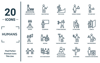 humans linear icon set. includes thin line gardener with hat, showin, first prize, high five, housewife and washing machine, fitness exercises, machine repair icons for report, presentation,