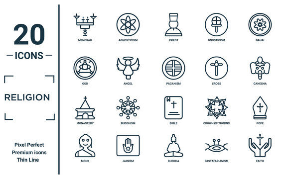 religion linear icon set. includes thin line menorah, god, monastery, monk, faith, paganism, pope icons for report, presentation, diagram, web design