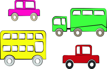 A set of hand-drawn cars. Vector flat illustration in cartoon style. Color sketch. Design for posters, backgrounds, set-ups, textiles, postcards.