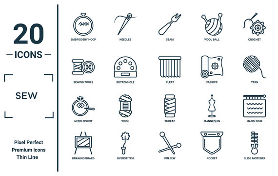 Sew Linear Icon Set. Includes Thin Line Embroidery Hoop, Sewing Tools, Needlepoint, Drawing Board, Slide Fastener, Pleat, Handloom Icons For Report, Presentation, Diagram, Web Design